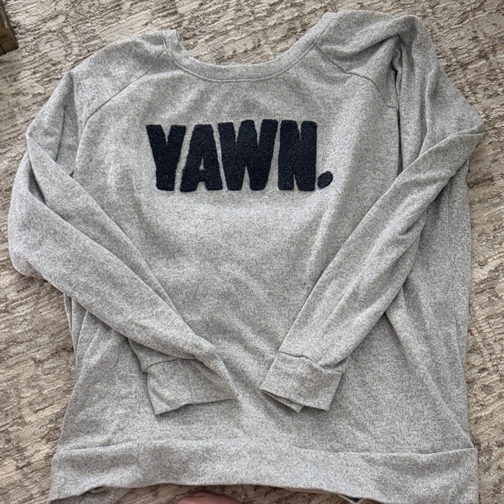 Secret Treasures Gray Pullover Sweater with Navy "YAWN." Appliqué